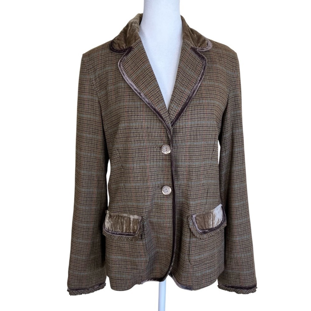 J. Jill Wool Blend Plaid Tweed Blazer w Velvet Trim Y2K Academia Preppy Sz 8